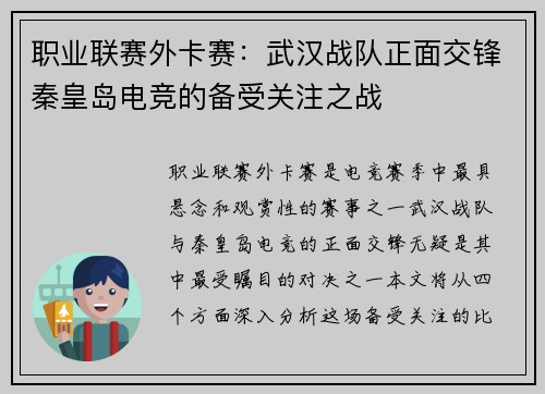 职业联赛外卡赛：武汉战队正面交锋秦皇岛电竞的备受关注之战